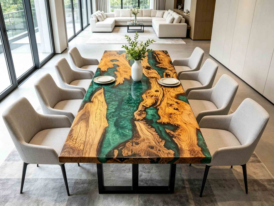 Unique olive wood epoxy river table suitable as desk or dining table