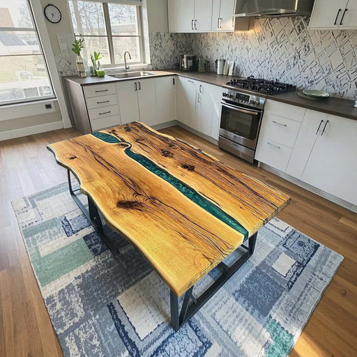 Modern custom olive wood epoxy dining table featuring a clear blue resin river.
