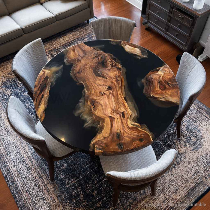 Olive wood epoxy round coffee table in modern interior setting