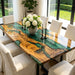 Luxury olive wood dining table with green epoxy river and natural live edge