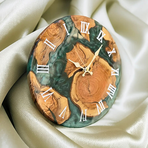 Handmade olive wood and green resin wall clock for rustic decor