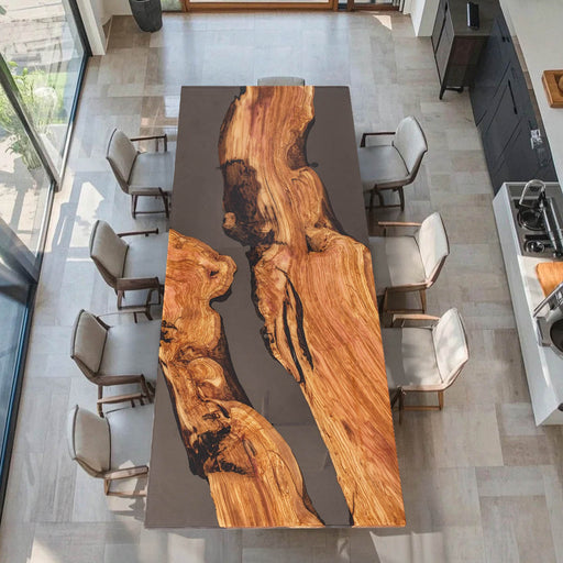 Olive wood dining table with semi-transparent smoky grey epoxy river