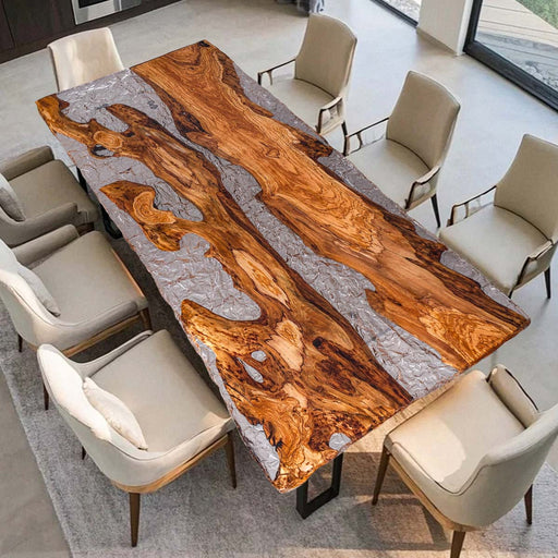 Handcrafted olive wood epoxy dining table with ice effect for modern interiors