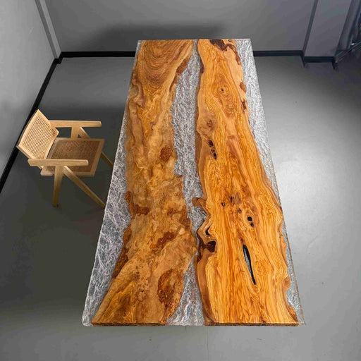 Olive wood dining table with ice epoxy resin river