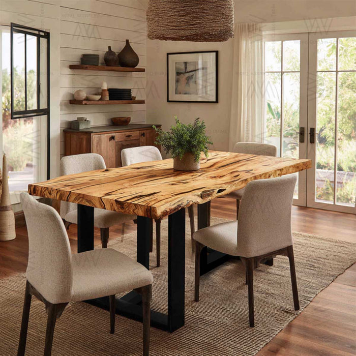 Handcrafted olive wood live edge dining table in a California-style kitchen