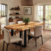 Handcrafted olive wood live edge dining table in a California-style kitchen