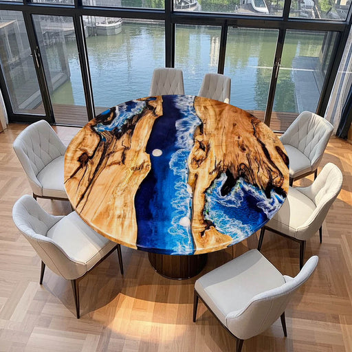 Custom round olive wood dining table with blue ocean epoxy