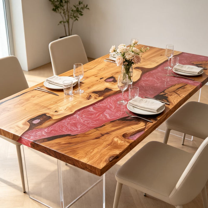 Olive wood dining table featuring a dramatic red resin swirl