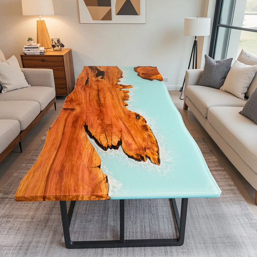 84 inch olive wood and resin dining table in modern living room