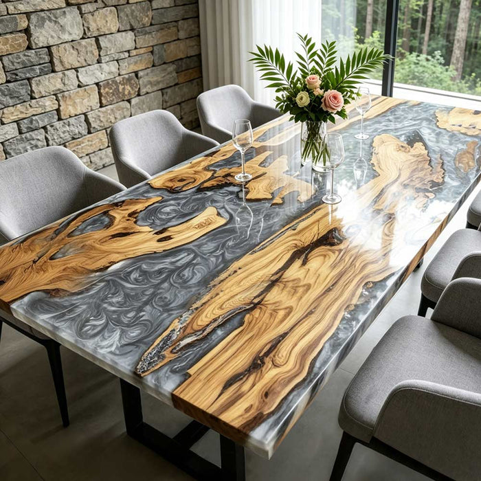 Silver grey marble epoxy resin river dining table with live edge olive wood