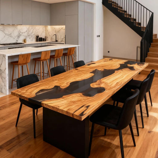 Dining area with a wooden table and chairs in a modern kitchen.