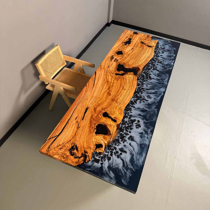 Rug with natural wood design and abstract pattern on a floor with a chair.