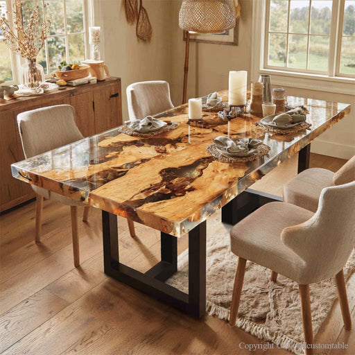 Olive wood square dining table with translucent gray epoxy