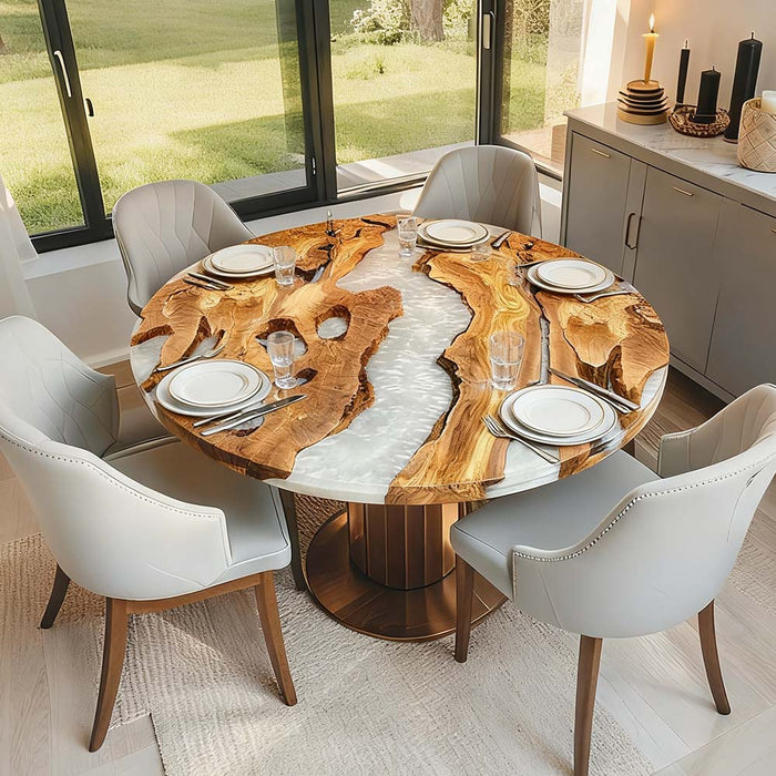 olive wood white epoxy dinning table for luxury homes in las vegas
