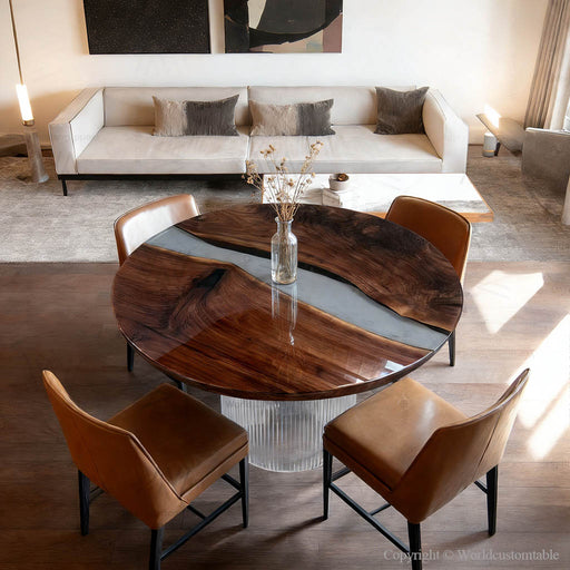 Modern dining room with a wooden table and chairs in a stylish living area.