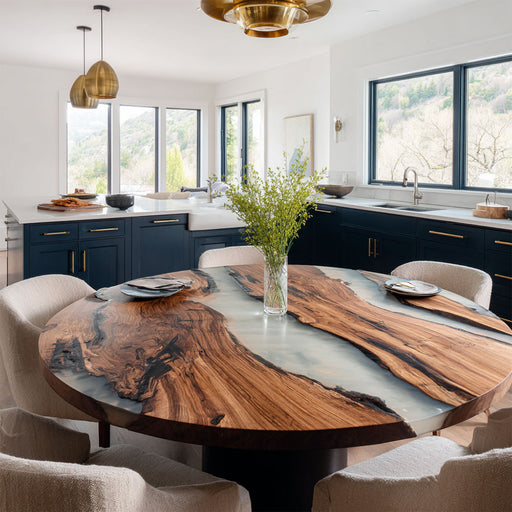 Modern kitchen with a wooden dining table and chairs.