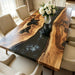One-of-a-kind black walnut live edge dining table with glossy black epoxy river, handcrafted custom modern home decor
