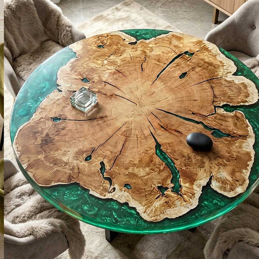 One-of-a-kind olive burl wood table with a swirling green epoxy resin top, perfect for living spaces