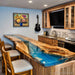 Modern rustic home bar top made of walnut with blue lagoon epoxy river, one-of-a-kind statement countertop