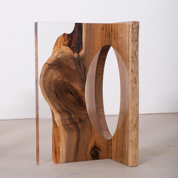 Organic shape walnut resin table base with sculptural form
