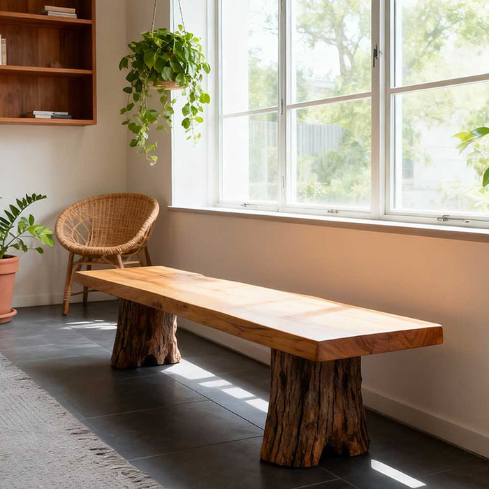Outdoor rustic walnut bench on porch with natural grain