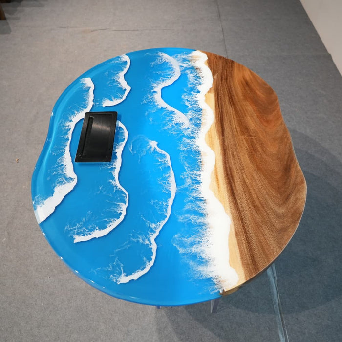 Oval blue and white epoxy coffee table for a modern living room