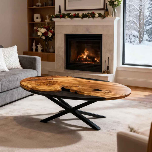 Living room with a wooden coffee table in front of a fireplace