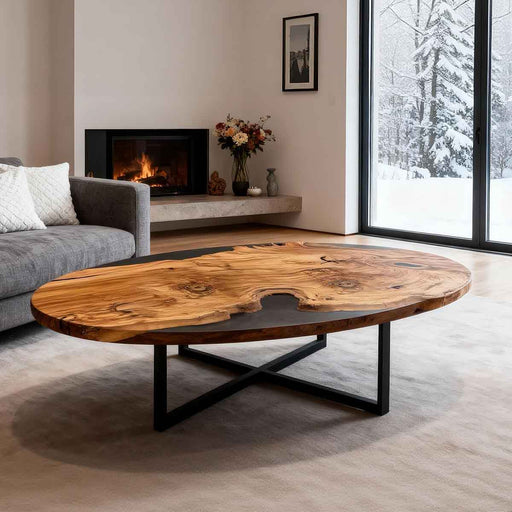 Wooden coffee table in a living room with a fireplace and large window.