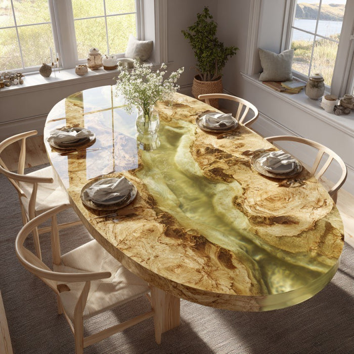 Dining room with a unique oval table featuring a natural wood design.