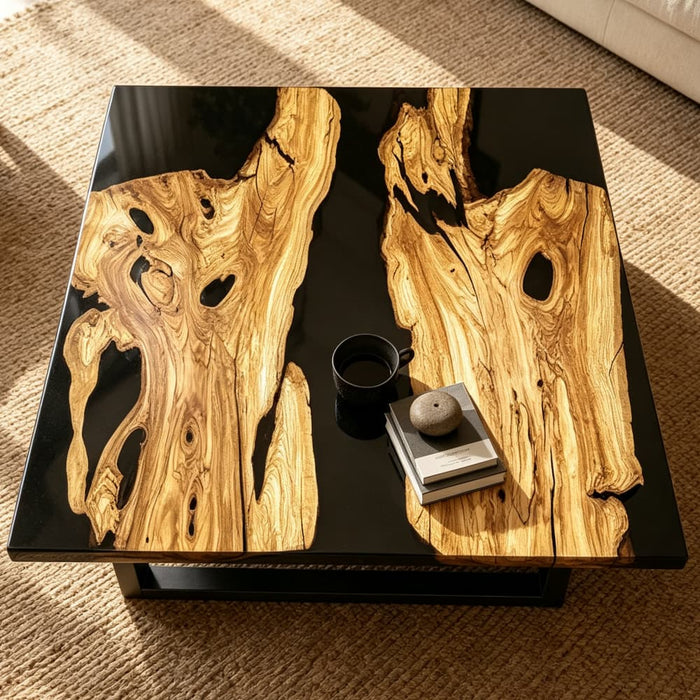 Oversized olive wood coffee table with deep black epoxy resin