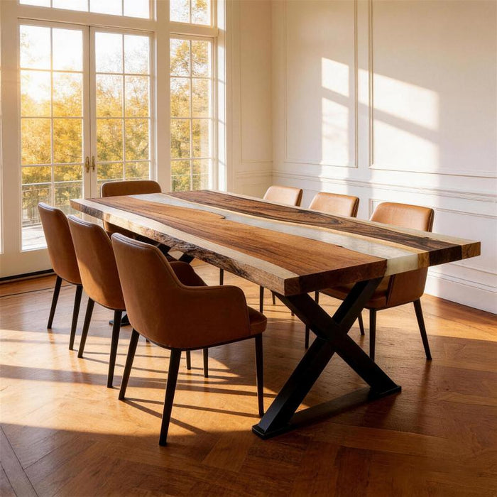 Pearl white resin dining table with natural walnut wood