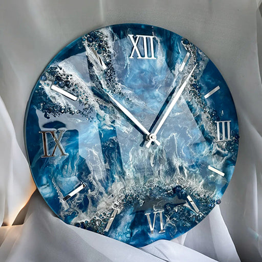 Petrol blue resin art wall clock with natural stones