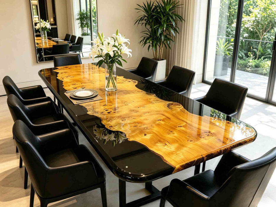 Black resin poplar meeting table with glossy finish and solid wood live edge craftsmanship
