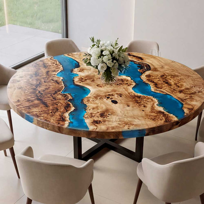 Top view of a luxury Poplar Burl wood and blue epoxy resin round dining table.
