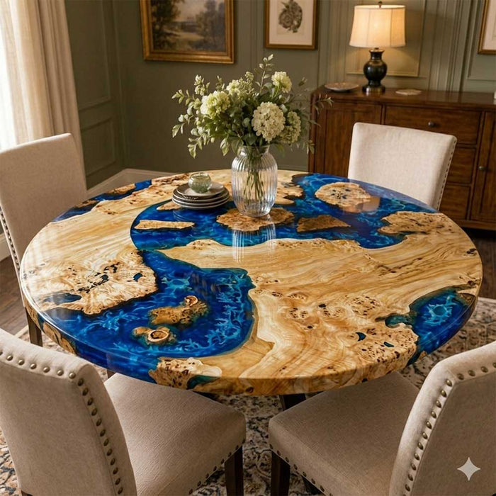 A round poplar burl coffee table with a deep blue epoxy resin river design.