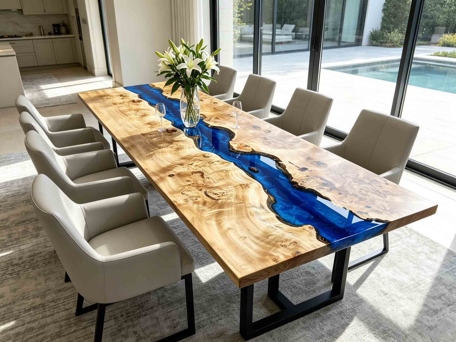 Live-edge poplar burl dining table with flowing blue epoxy resin river, seats 8-10 people