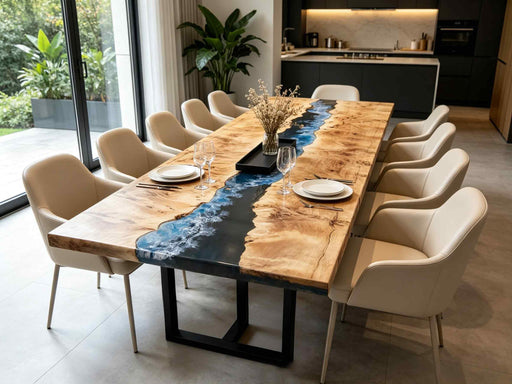 10-seater live-edge poplar wood resin dining table with high-gloss blue and black epoxy river waves