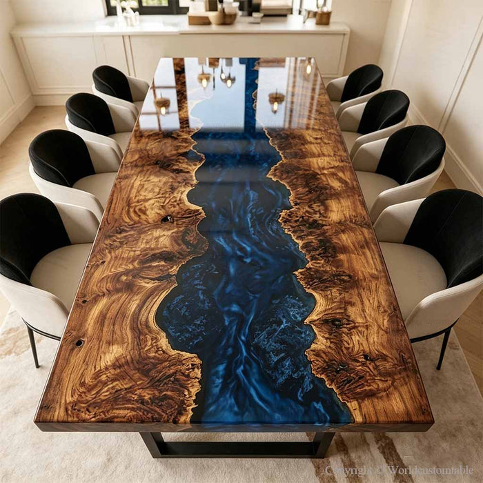 Overhead view of a one-of-a-kind blue resin art table featuring reclaimed poplar wood.