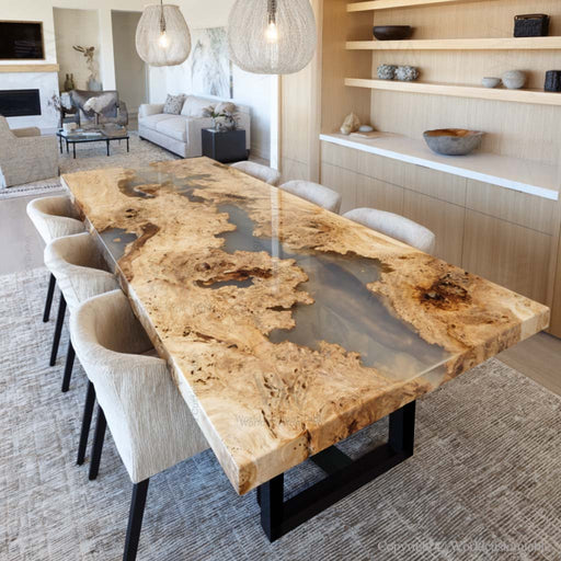 Front view of poplar epoxy dining table in modern dining room