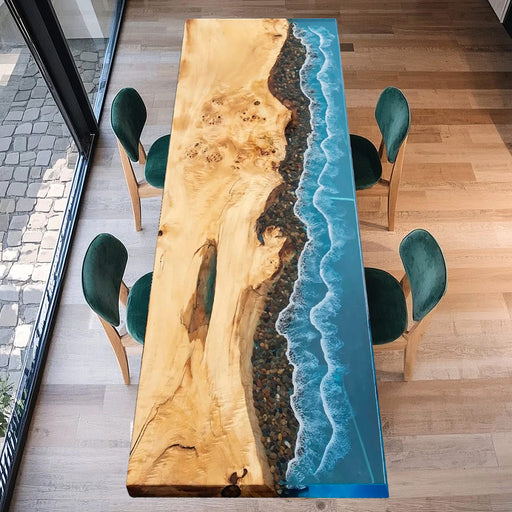 Custom poplar epoxy river table with ocean wave resin