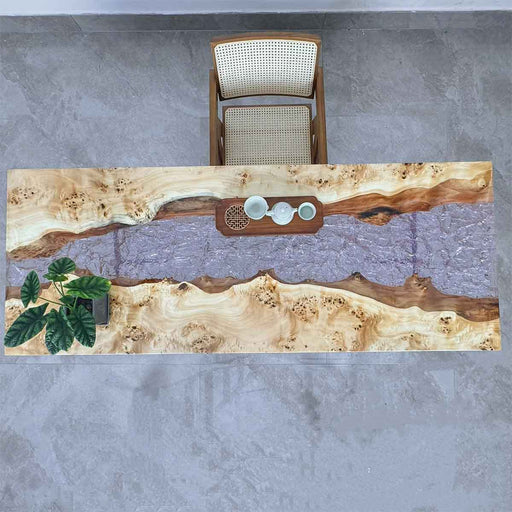 Front view of the Poplar Wood Ice Crystal ultra-clear resin coffee table, showcasing the 72” x 29” tabletop and natural wood grain.