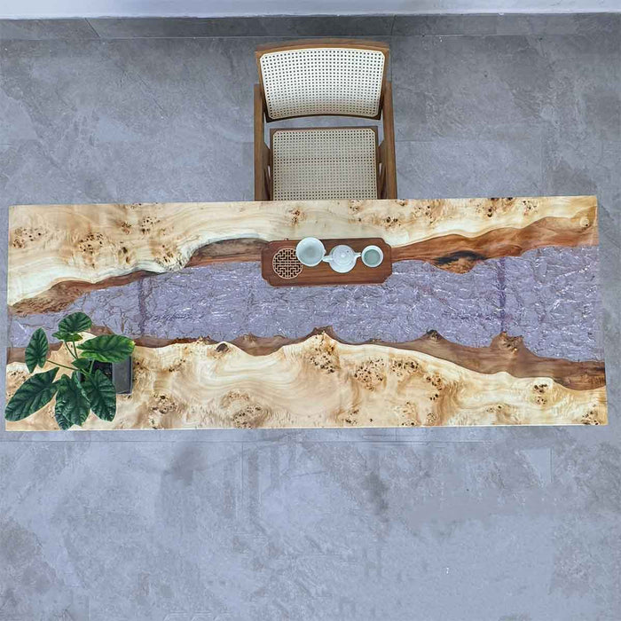 Front view of the Poplar Wood Ice Crystal ultra-clear resin coffee table, showcasing the 72” x 29” tabletop and natural wood grain.