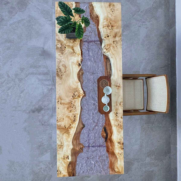 Side view of the S71 table emphasizing the thickness of the resin layer and the natural poplar wood base.