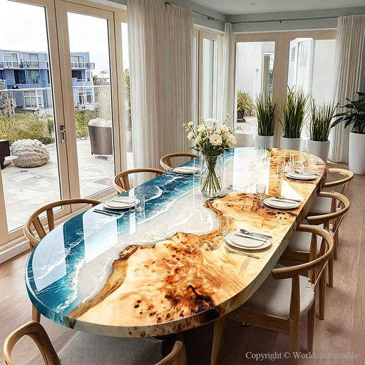 Handcrafted poplar wood and ocean epoxy resin dining table, live edge coastal kitchen table