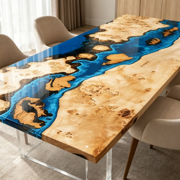 Poplar ocean wave resin dining table with natural wood grain