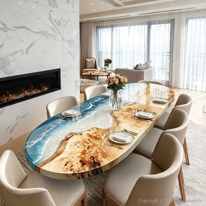 Poplar wood and ocean resin dining table in modern coastal dining room setting