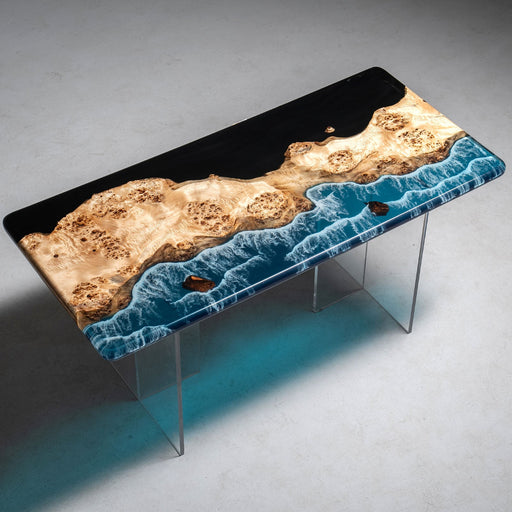 Custom poplar wood epoxy river table with black resin and dynamic blue waves
