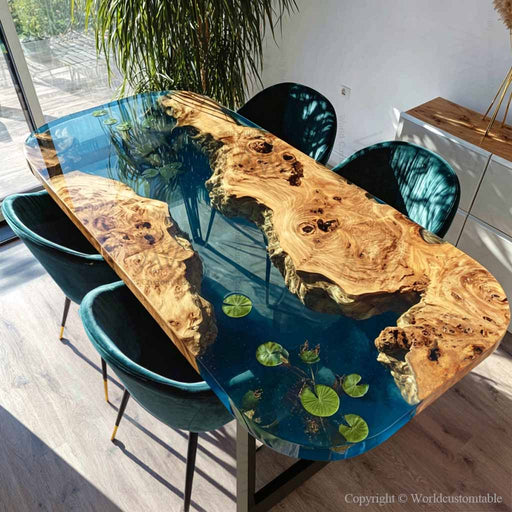 Poplar wood epoxy dining table with blue resin and lotus leaf inlay