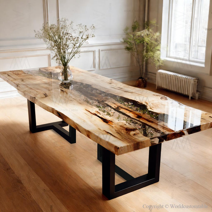 Poplar wood floral resin epoxy table designed for a modern dining room