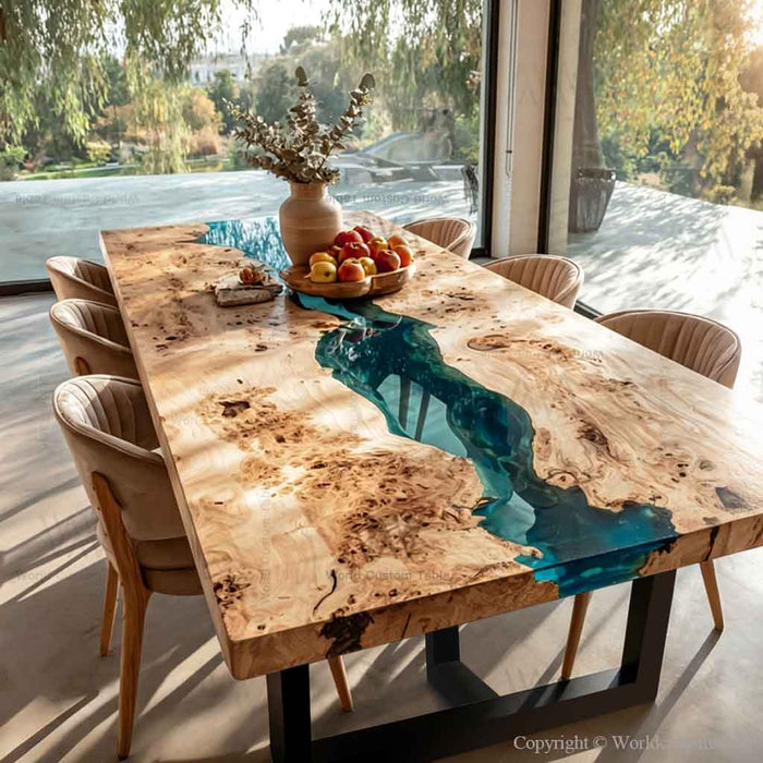 poplar wood green epoxy dining table in modern living room